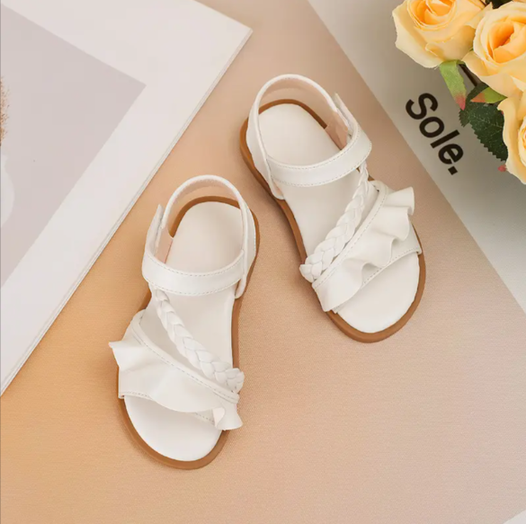 Kids' White Braided Sandals with Ruffle Detail - Image 3