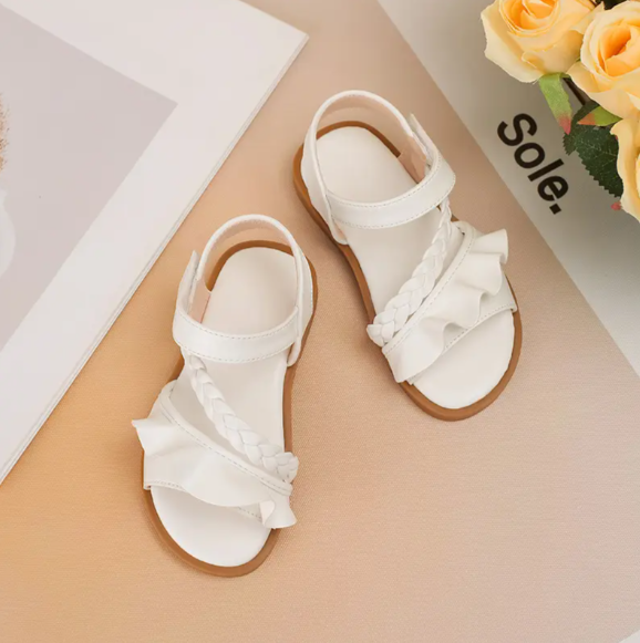Kids' White Braided Sandals with Ruffle Detail - Image 5